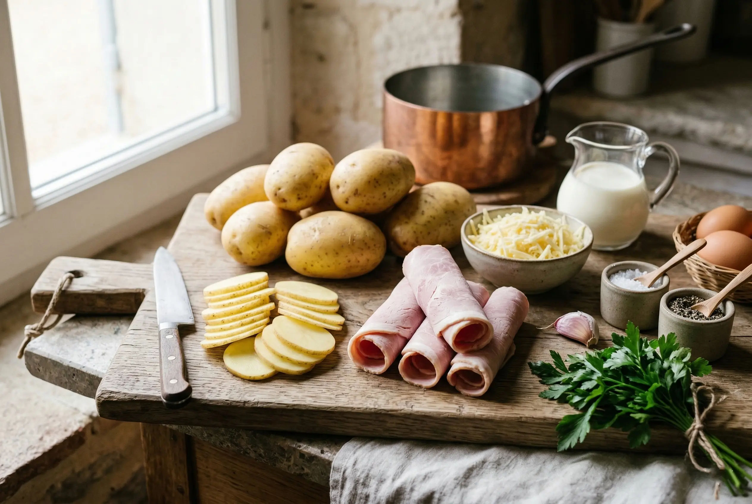 Ingrédients frais pour gratin pommes de terre jambon sur planche en bois rustique