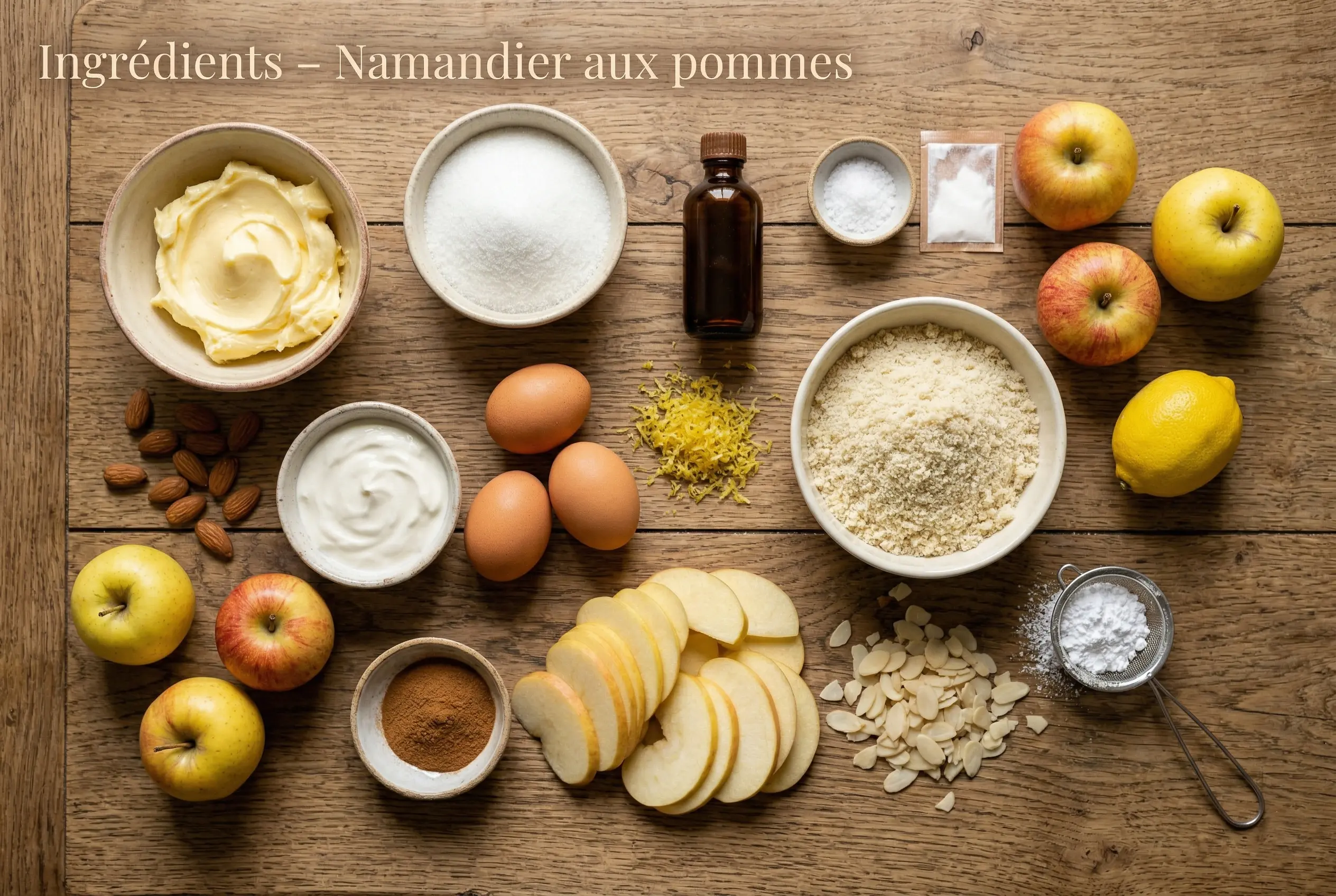 Ingrédients Namandier aux pommes facile et gourmand Namandier aux pommes ingrédients disposés sur planche en bois avec beurre, œufs, sucre, amandes et pommes fraîches