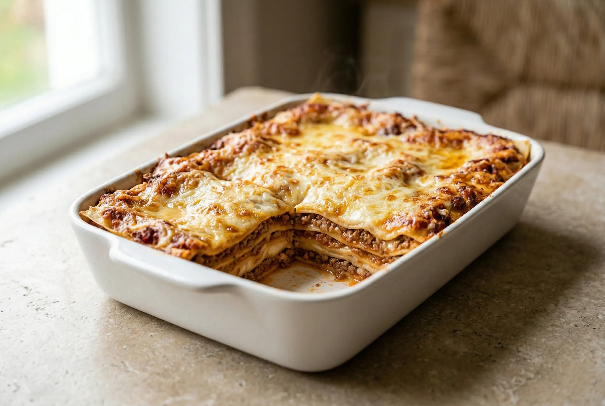 plat-lasagnes-bolognaise-gratine-four Plat de lasagnes à la bolognaise fumant avec fromage doré et gratiné sortant tout juste du four.