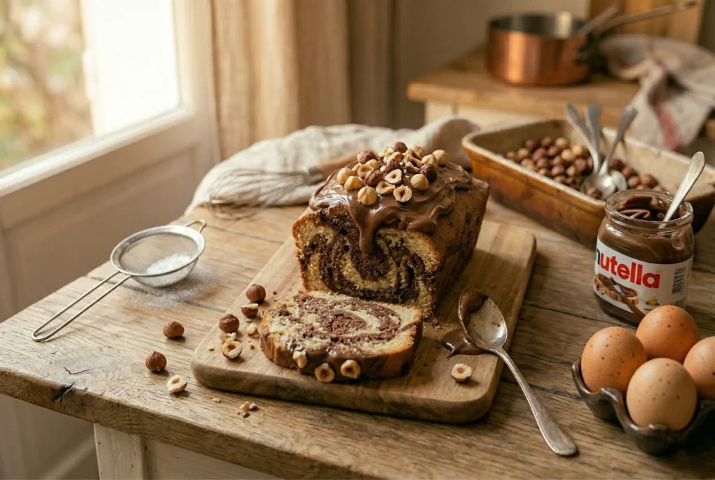 Gâteau au Yaourt et Nutella marbré tranché dans un moule rectangulaire, sucre glace saupoudré sur le dessus, texture intérieure moelleuse et marbrures délicates visibles.