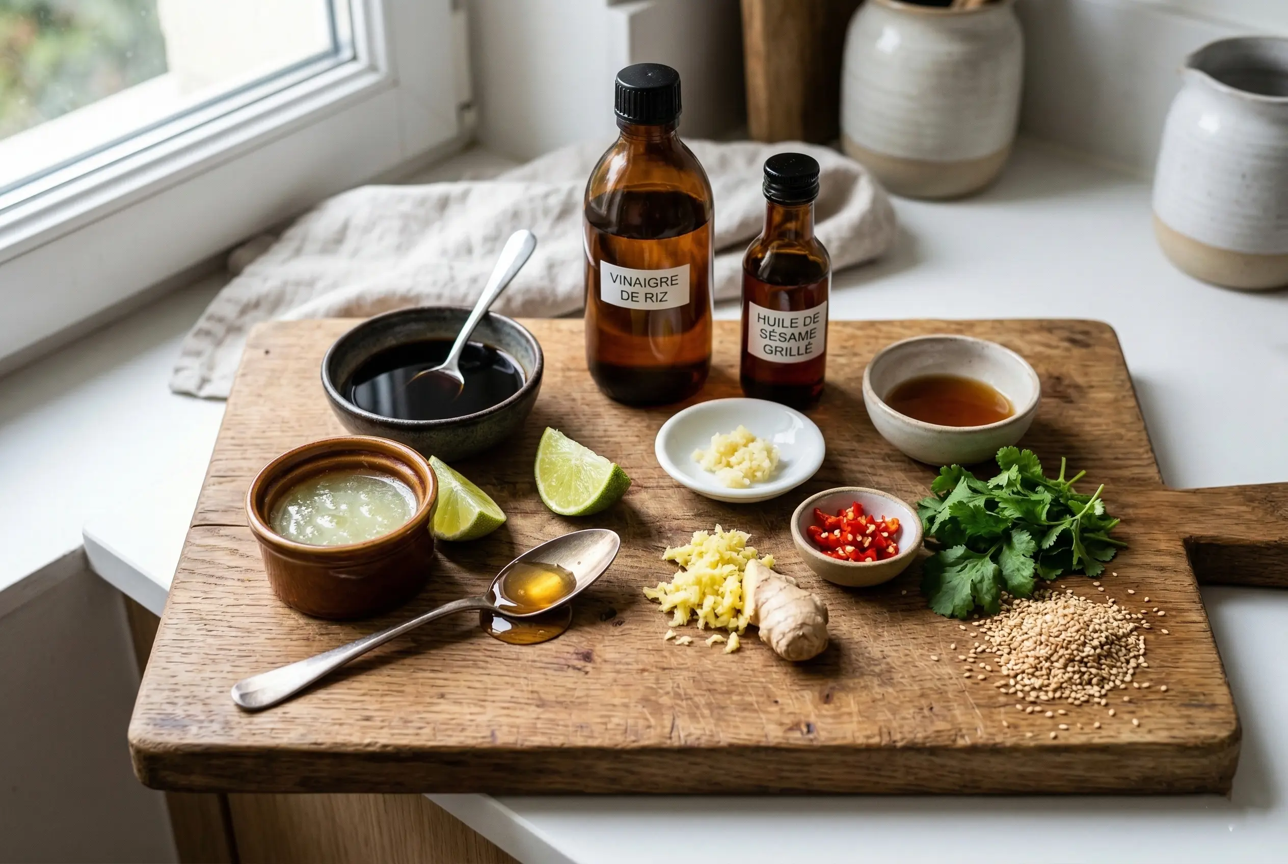 ngrédients frais disposés sur une planche en bois : sauce soja, citron vert, miel, gingembre, ail, piment et huile de sésame pour une vinaigrette thaï.