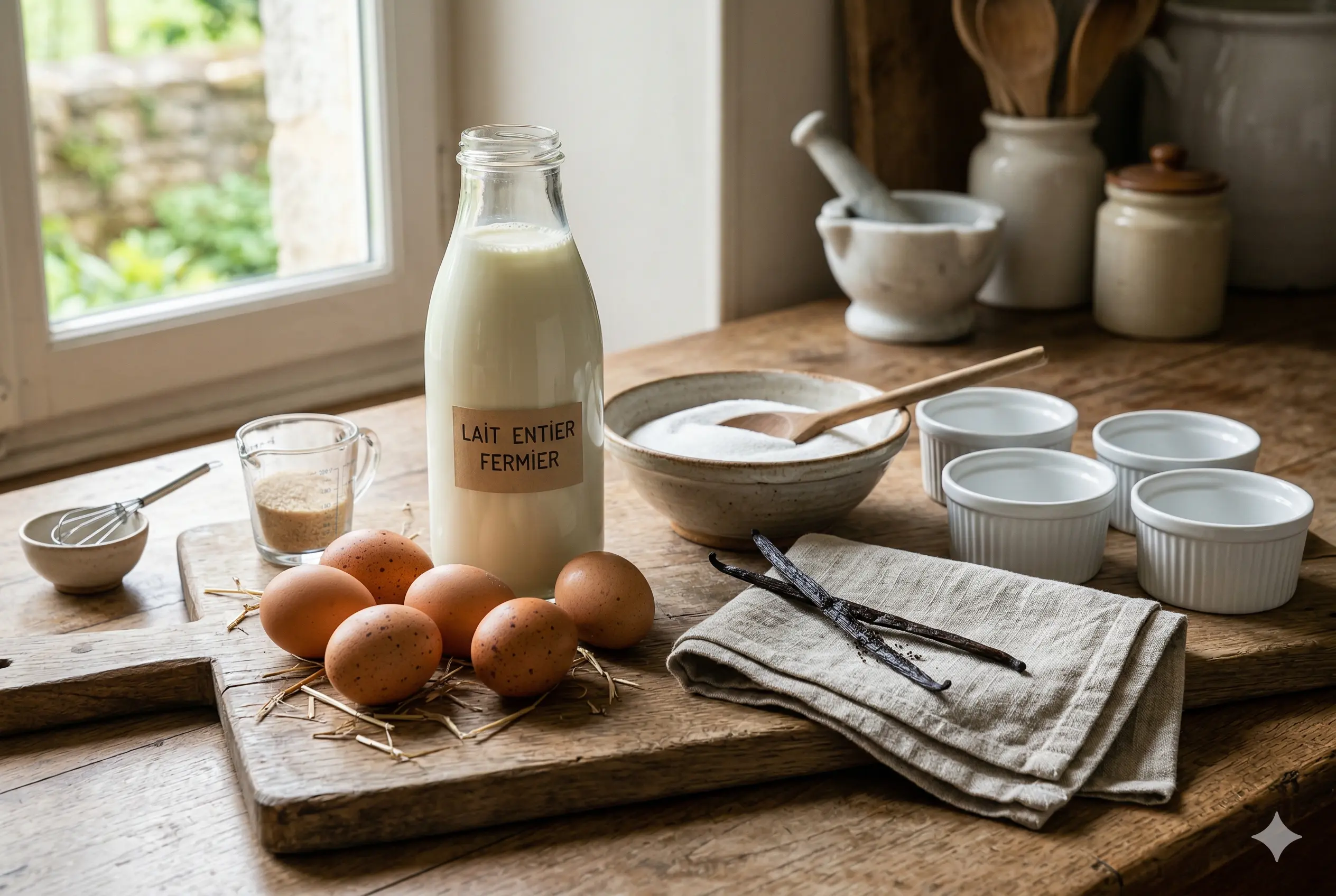 Ingrédients pour œufs au lait avec lait entier, œufs, sucre et gousse de vanille sur planche en bois
