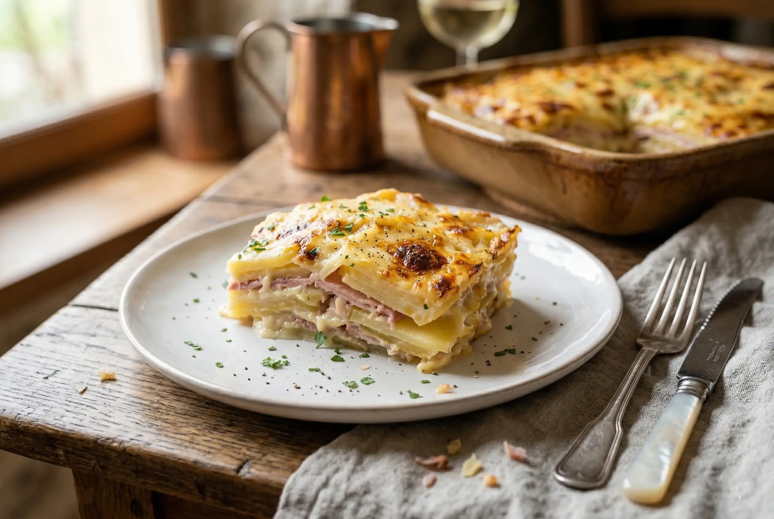 Part de gratin pommes de terre jambon crémeux servie dans une assiette blanche