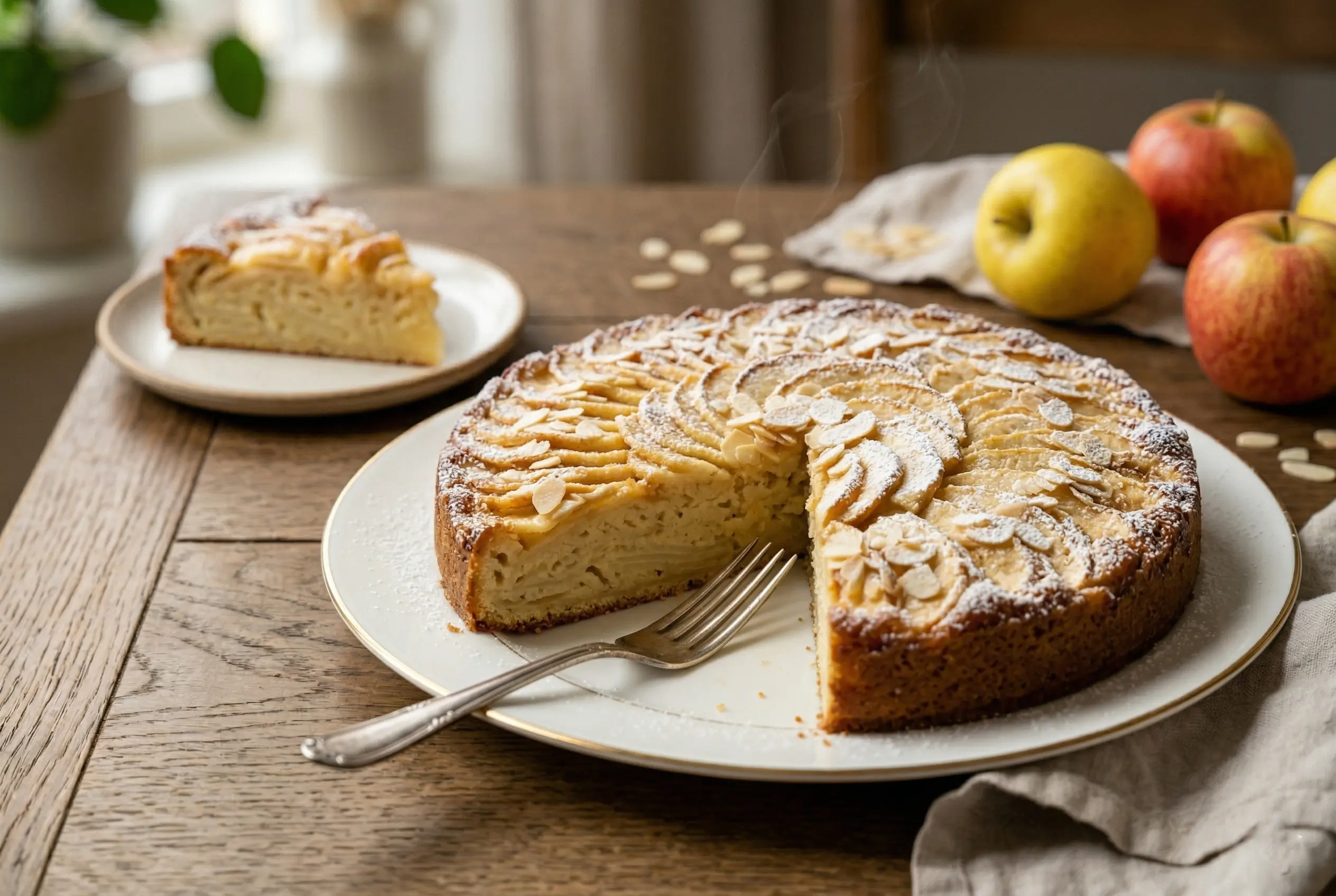 Namandier aux pommes moelleux et doré maison Namandier aux pommes doré avec rosace de pommes et amandes effilées gâteau moelleux maison