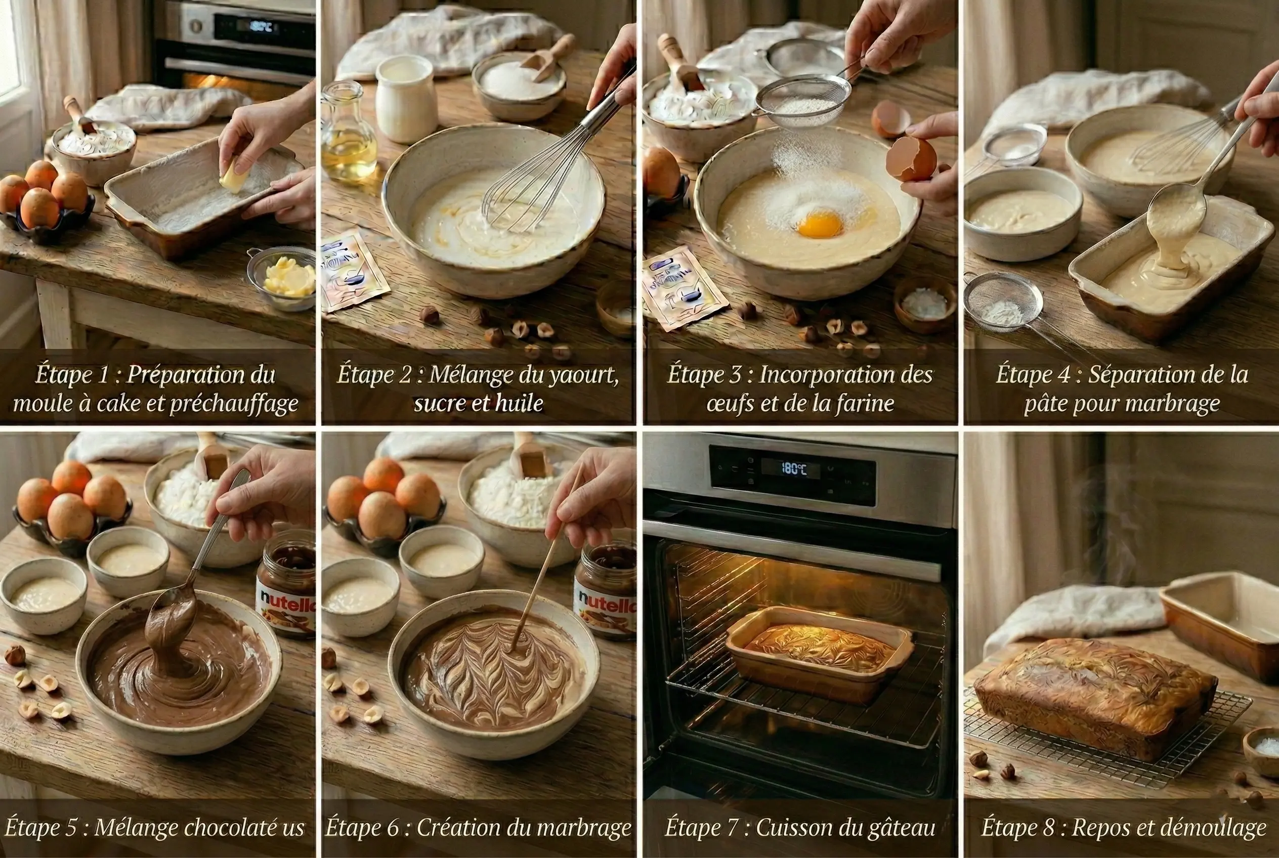 Création du Marbrage du Gâteau au Yaourt et Nutella Étape de marbrage du Gâteau au Yaourt et Nutella : pâte au Nutella foncée versée sur pâte nature claire dans un moule rectangulaire, un cure-dent crée des zigzags pour former les marbrures.