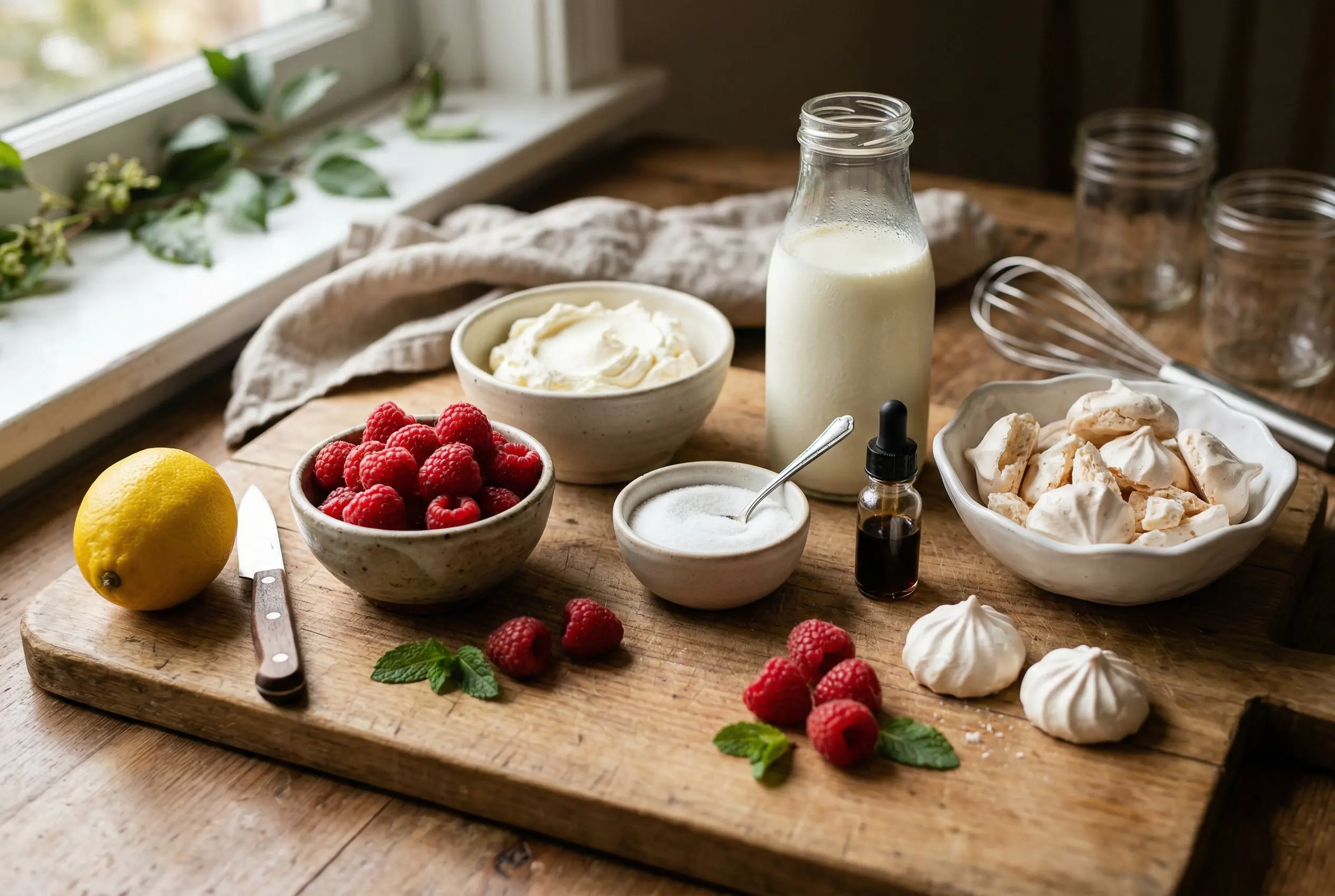 Ingrédients frais pour verrines framboise mascarpone meringue sur planche en bois.