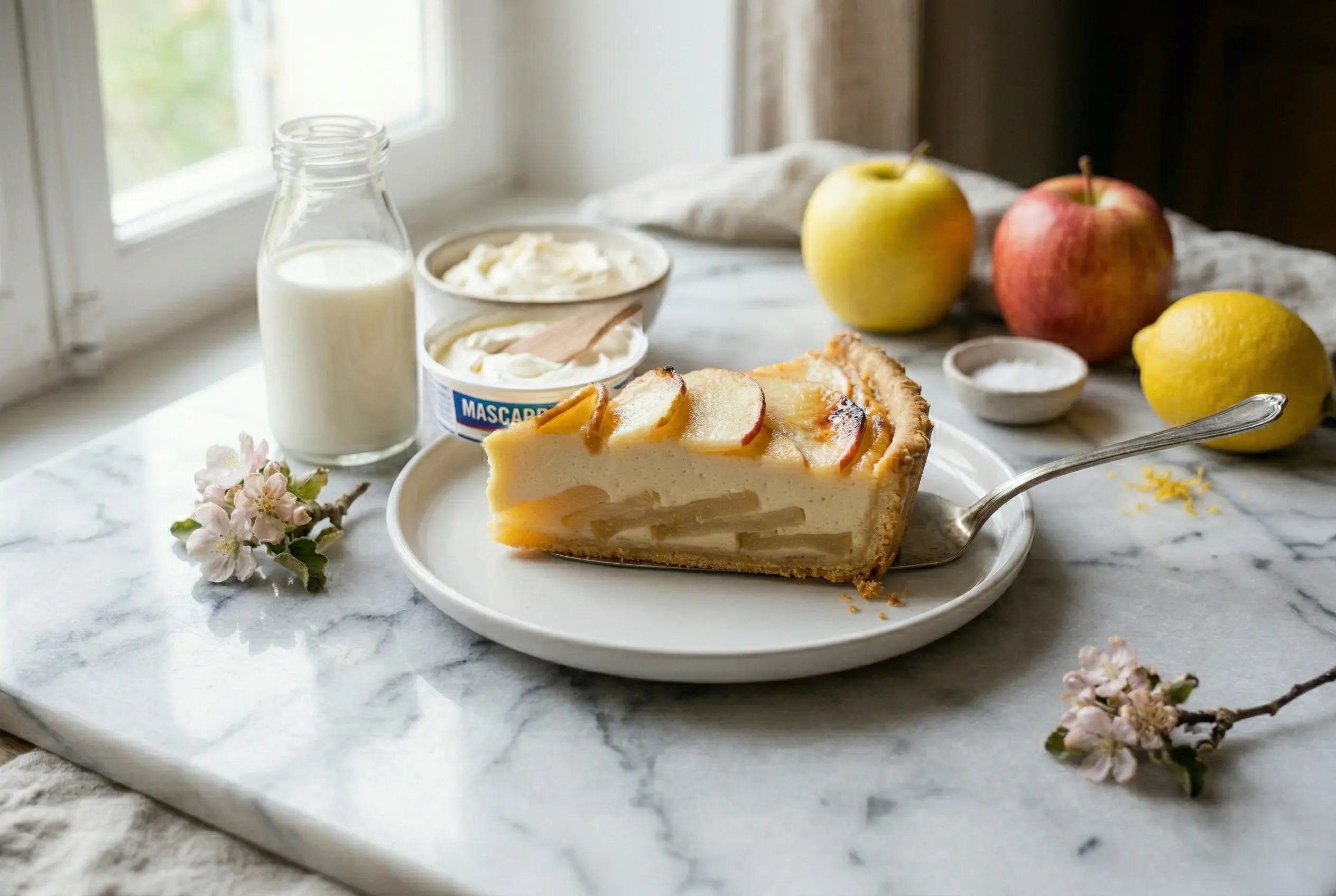 Résultat final : tarte au mascarpone et à la pomme Tarte au mascarpone et à la pomme ultra crémeuse prête à déguster