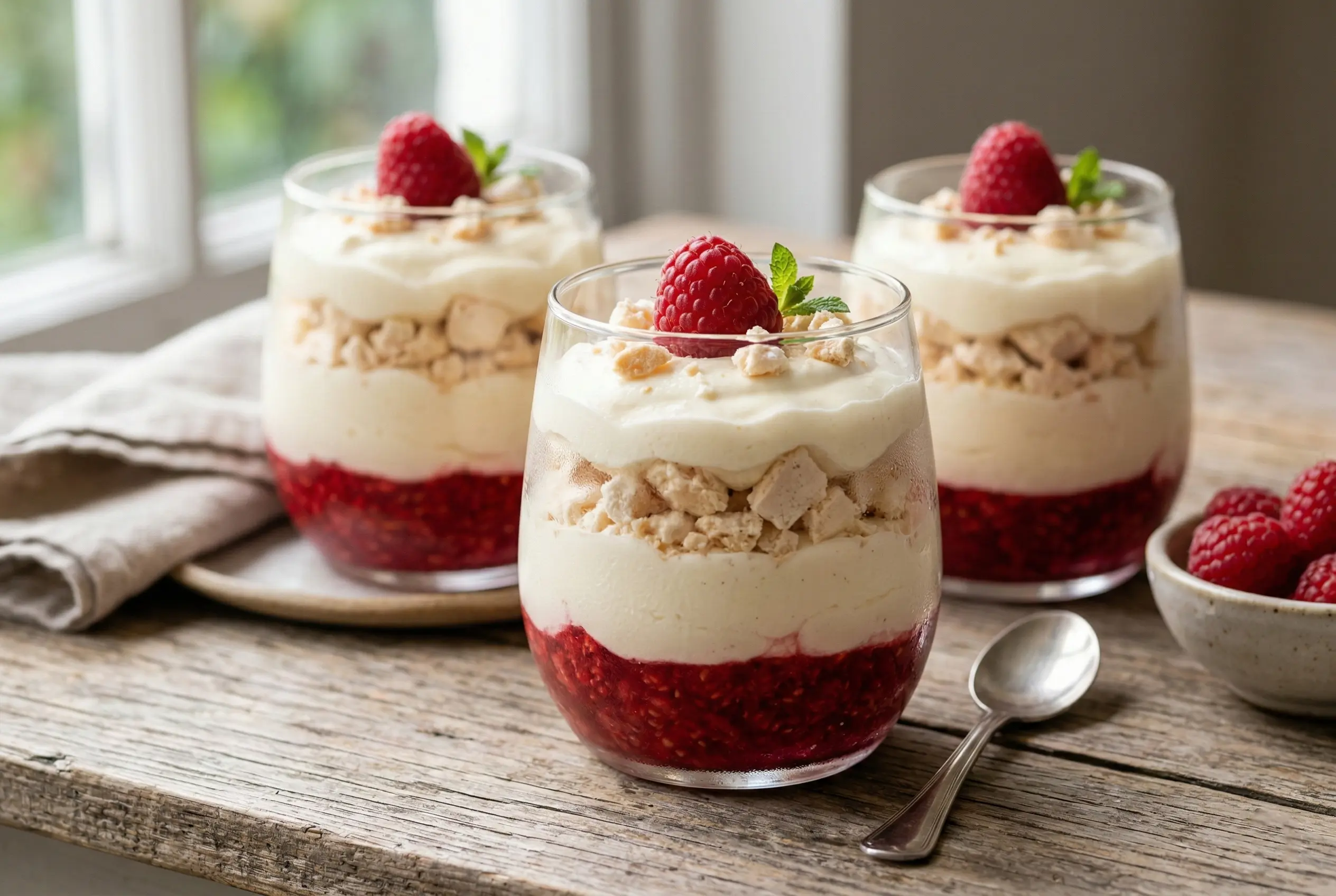 Gros plan sur une verrine framboise mascarpone meringue avec couches visibles.