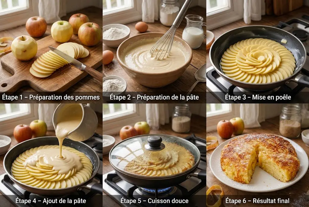 Étapes du gâteau aux pommes à la poêle Étapes de préparation du gâteau aux pommes à la poêle avec découpe des pommes mélange de la pâte cuisson en poêle