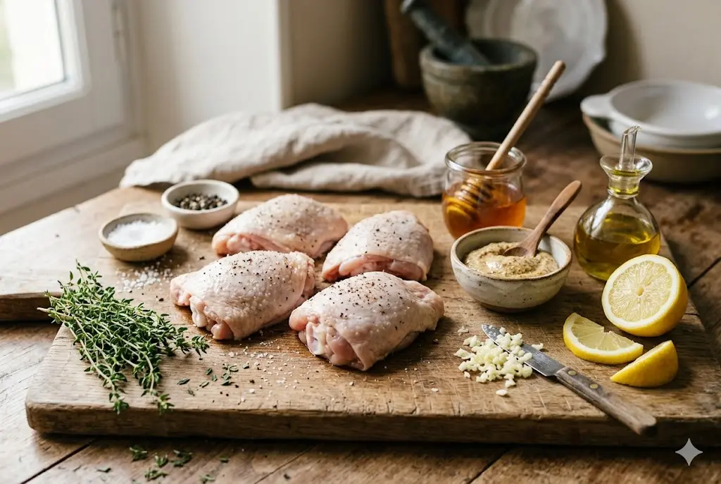 Poulet au miel et moutarde ingrédients sur planche en bois