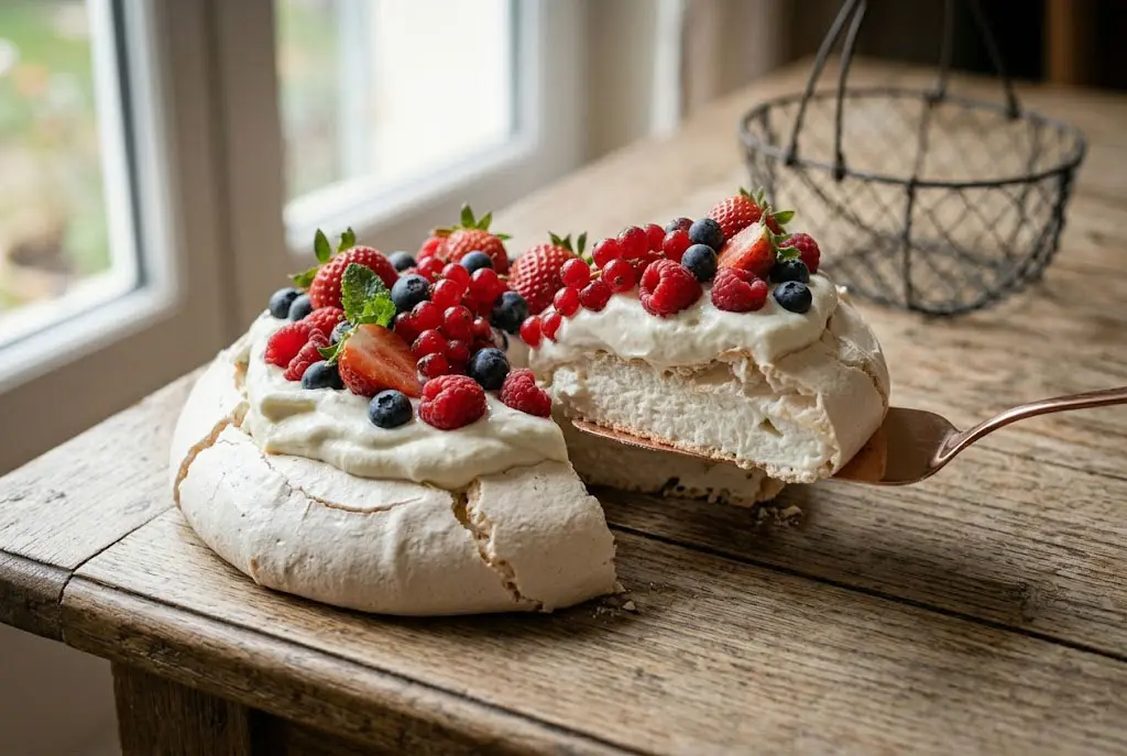 Pavlova Nuage aux Fruits Rouges avec chantilly et fruits frais présentation élégante