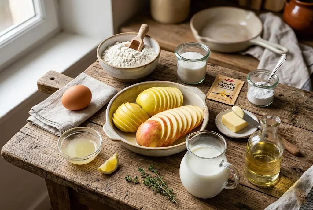 Ingrédients du gâteau aux pommes à la poêle Ingrédients pour gâteau aux pommes à la poêle avec pommes fraîches farine œuf lait sucre et beurre sur planche en bois
