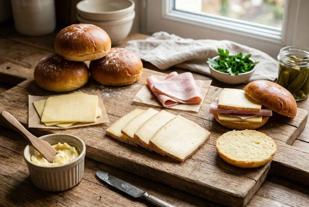 Ingrédients pour croques à la raclette maison : pains buns, fromage raclette, jambon et beurre sur planche en bois.