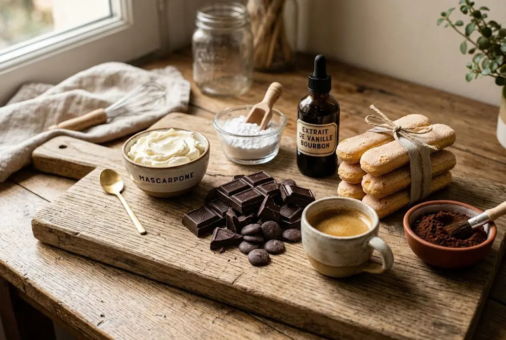 Ingrédients pour tablettes de chocolat tiramisu : mascarpone, chocolat noir, boudoirs et espresso.