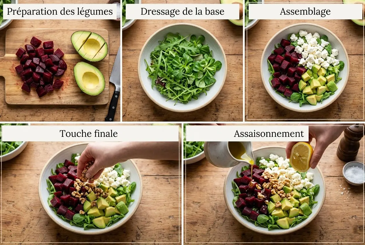 Étapes de préparation salade betterave avocat feta avec découpe de betterave, ajout d’avocat, feta et noix