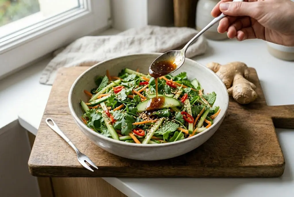 Bol de vinaigrette thaï brillante garnie de graines de sésame grillées et de coriandre fraîche, entouré de citrons verts et de gingembre.