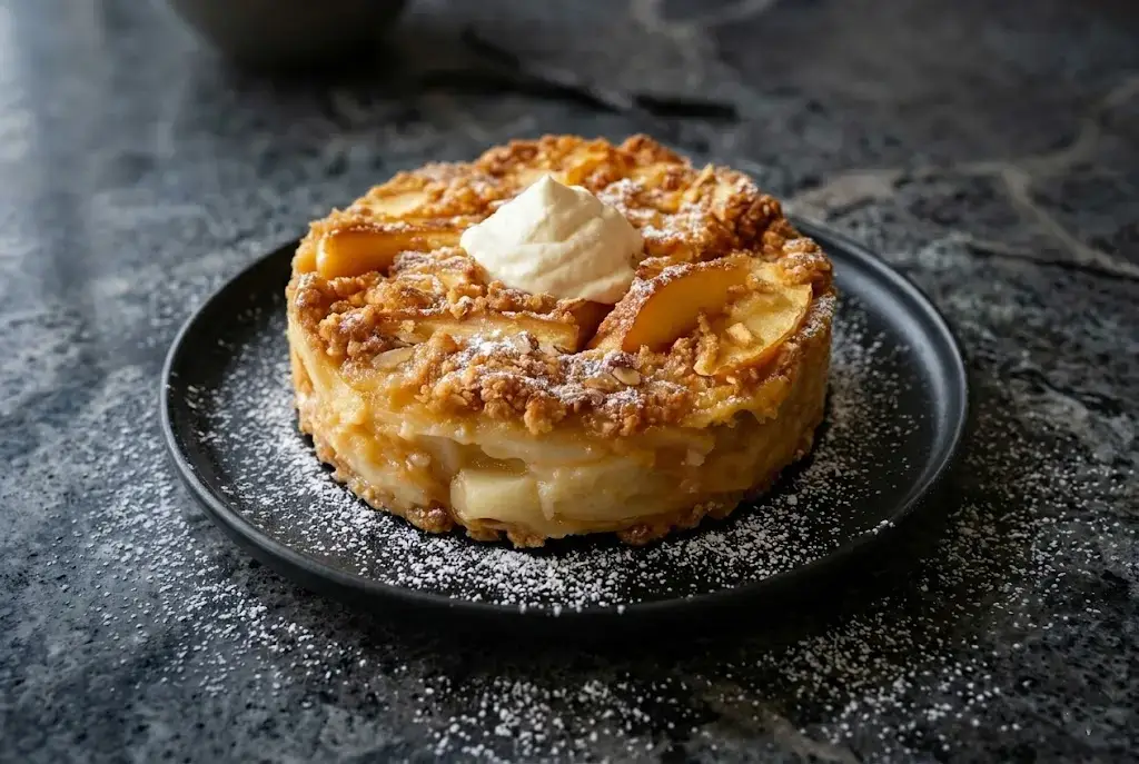 Croustade aux pommes croustillante et crémeuse Croustade aux pommes ronde épaisse avec topping croustillant sucre glace et crème