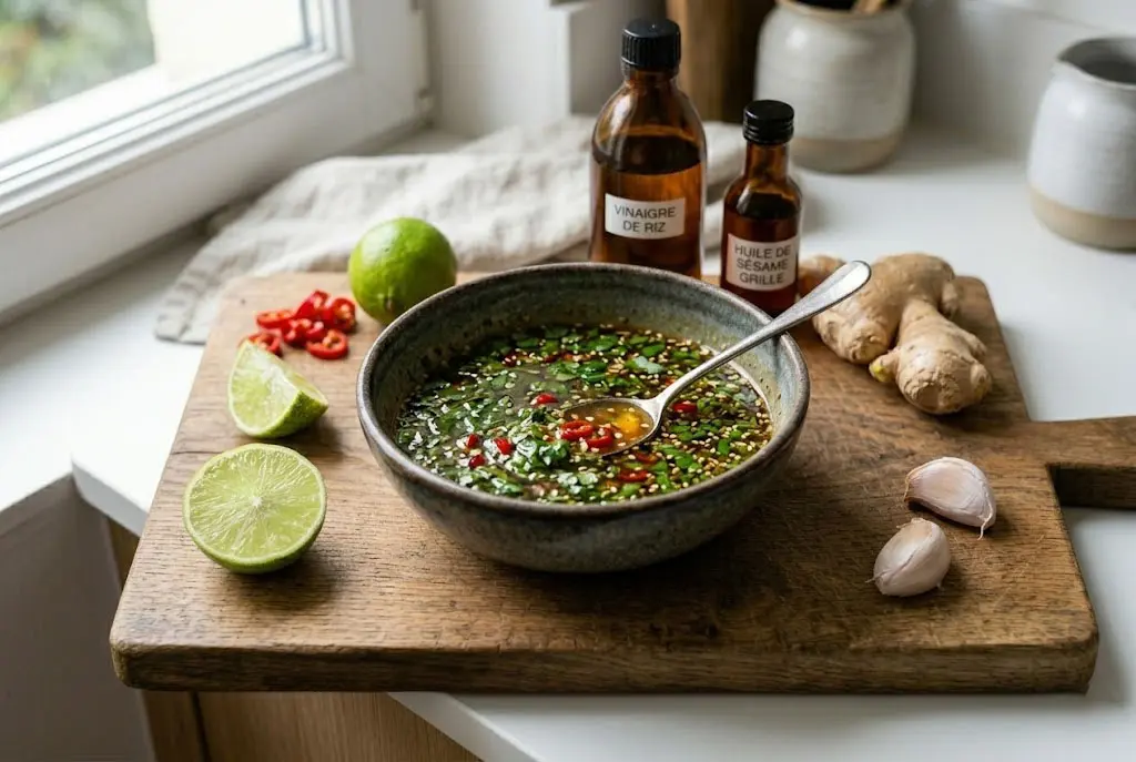 Bol de vinaigrette thaï brillante garnie de graines de sésame grillées et de coriandre fraîche, entouré de citrons verts et de gingembre.