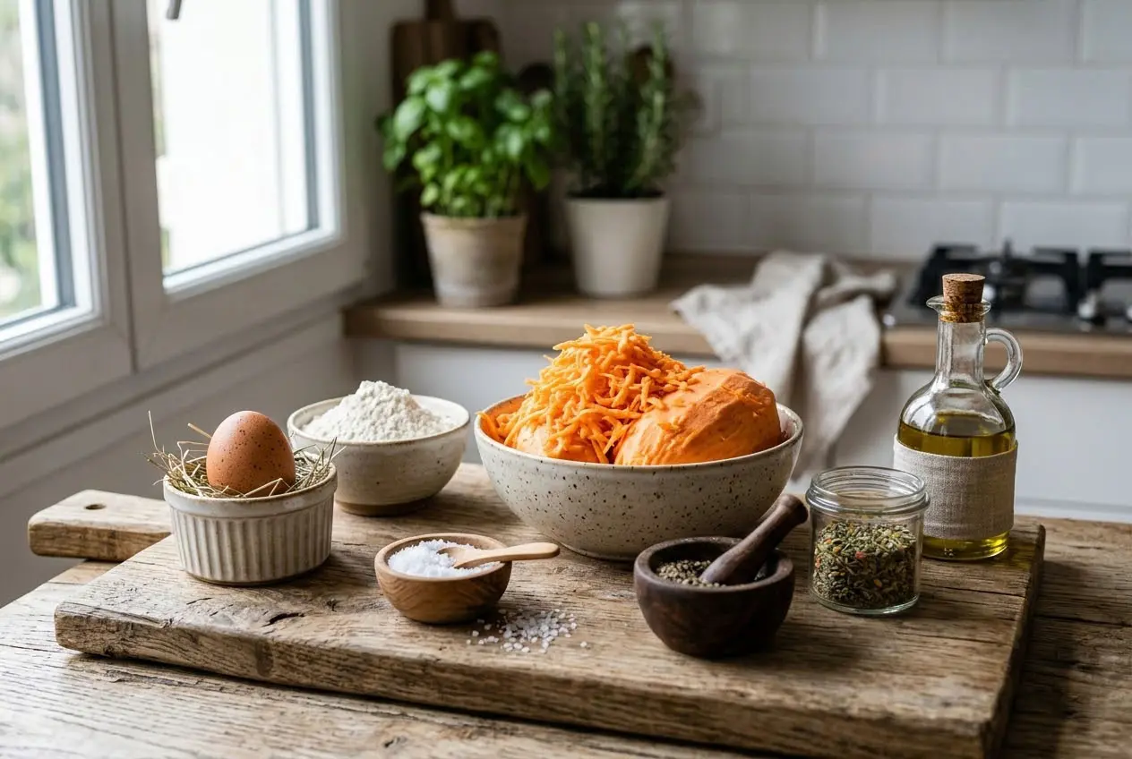 Ingrédients frais pour galettes croustillantes de patate douce sur une planche en bois : patate râpée, œuf, farine et huile d'olive.