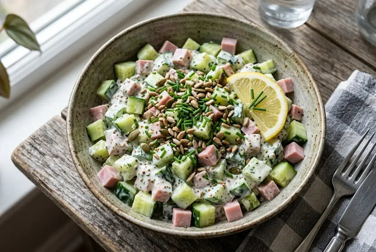 Bol moderne de salade fraîcheur jambon concombre nappée de sauce onctueuse, parsemée de graines de tournesol et de ciboulette ciselée.