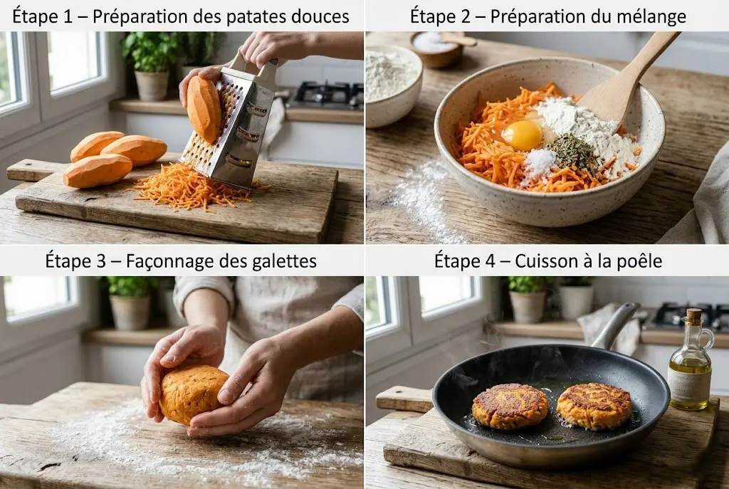 Tutoriel en 4 étapes pour cuisiner des galettes croustillantes de patate douce : râper, mélanger, façonner et cuire à la poêle.