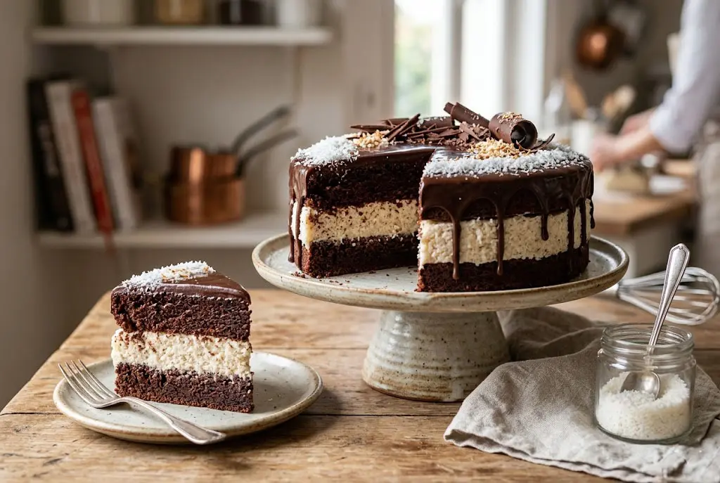 Gâteau fondant chocolat mousse coco en train de cuire dans un moule rond au four.