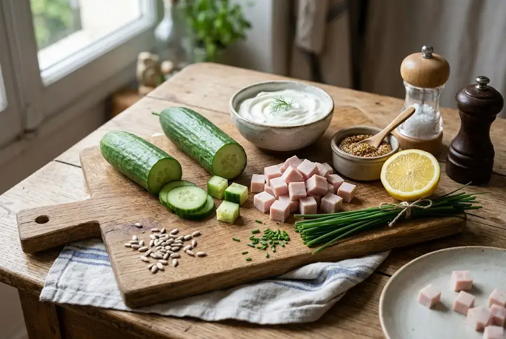 Ingrédients frais pour salade fraîcheur jambon concombre disposés sur une planche en bois rustique : concombres, dés de jambon, yaourt grec et ciboulette.