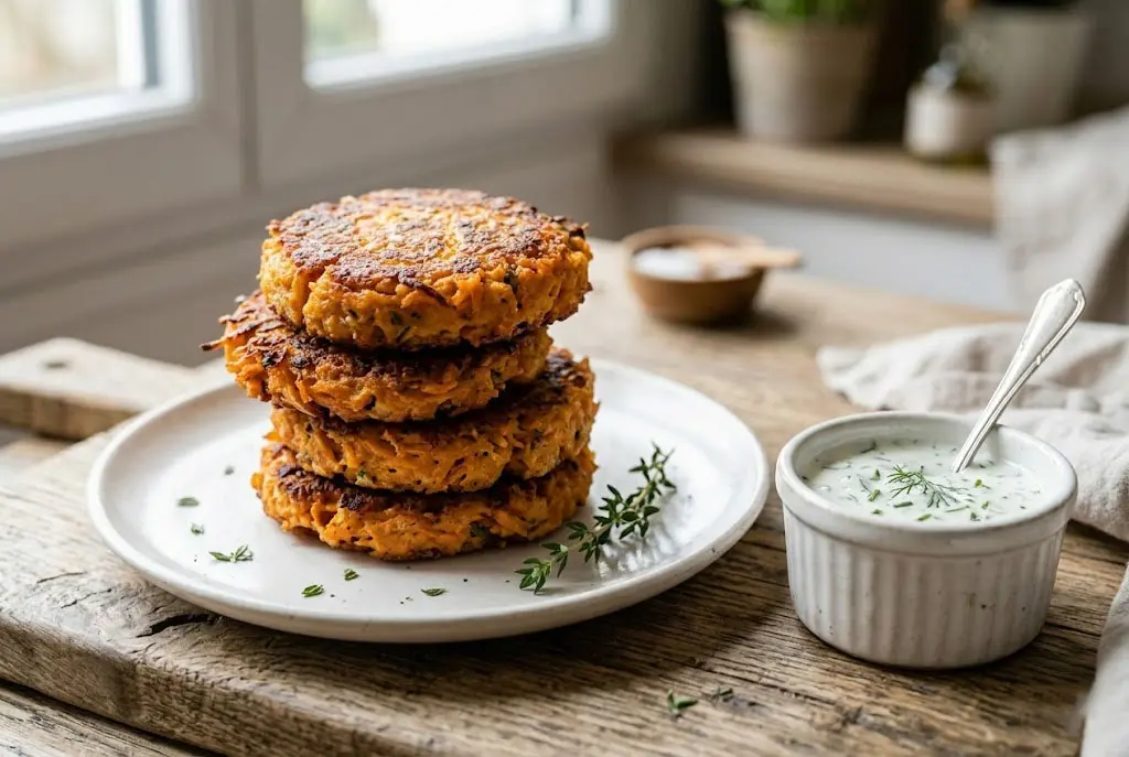 Pile de galettes croustillantes de patate douce dorées servies avec une sauce au yaourt blanc et herbes fraîches.