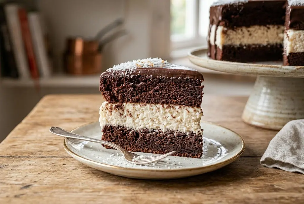 Cuisson du Gâteau Fondant Chocolat Mousse Coco Gâteau fondant chocolat mousse coco en train de cuire dans un moule rond au four.