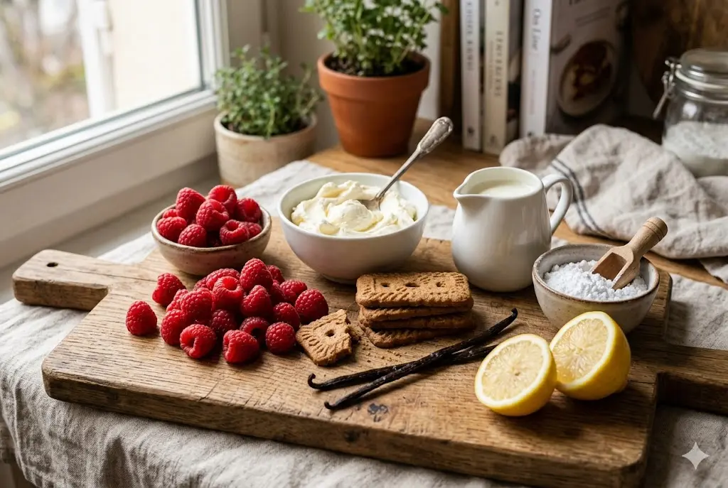 Ingrédients pour tiramisu framboise spéculoos sur planche en bois avec framboises fraîches, mascarpone et biscuits