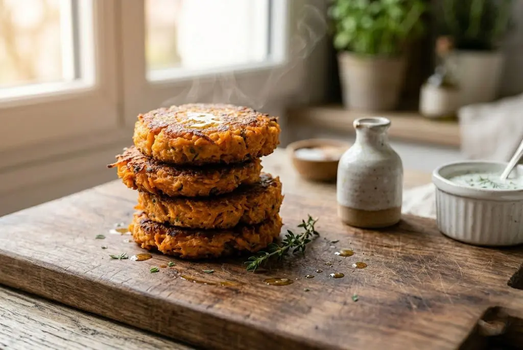 Pile de galettes croustillantes de patate douce dorées servies avec une sauce au yaourt blanc et herbes fraîches.