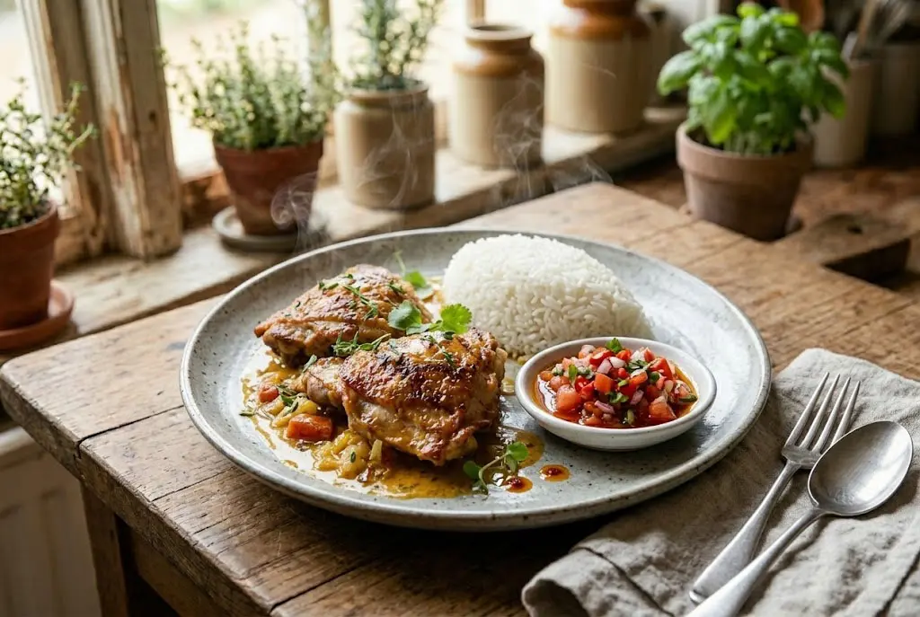 Plat de poulet au lait de coco fumant servi dans un bol rustique avec du riz basmati blanc et une sauce dorée.