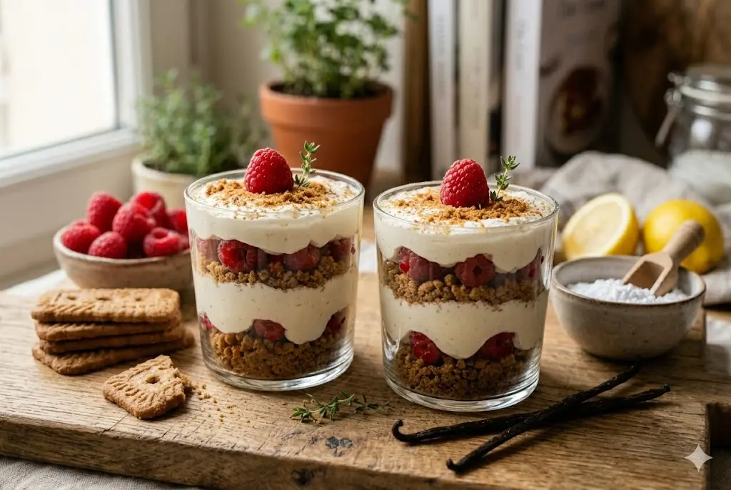 Tiramisu framboise spéculoos en verrines décoré avec framboises fraîches dessert gourmand