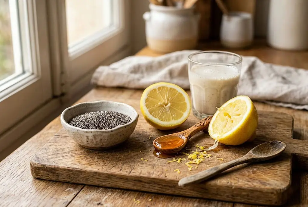 ingredients-creme-chia-citron-saine Ingrédients frais pour crème de chia au citron : graines de chia, lait d'amande, citron coupé et miel sur planche en bois.