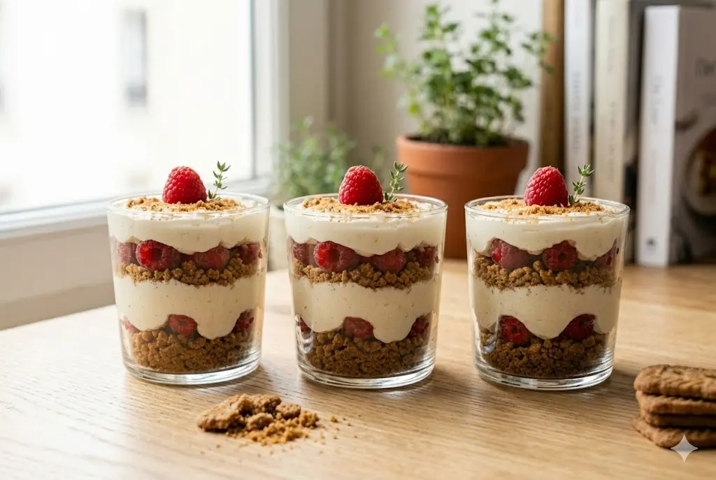 Tiramisu framboise spéculoos en verrines décoré avec framboises fraîches dessert gourmand