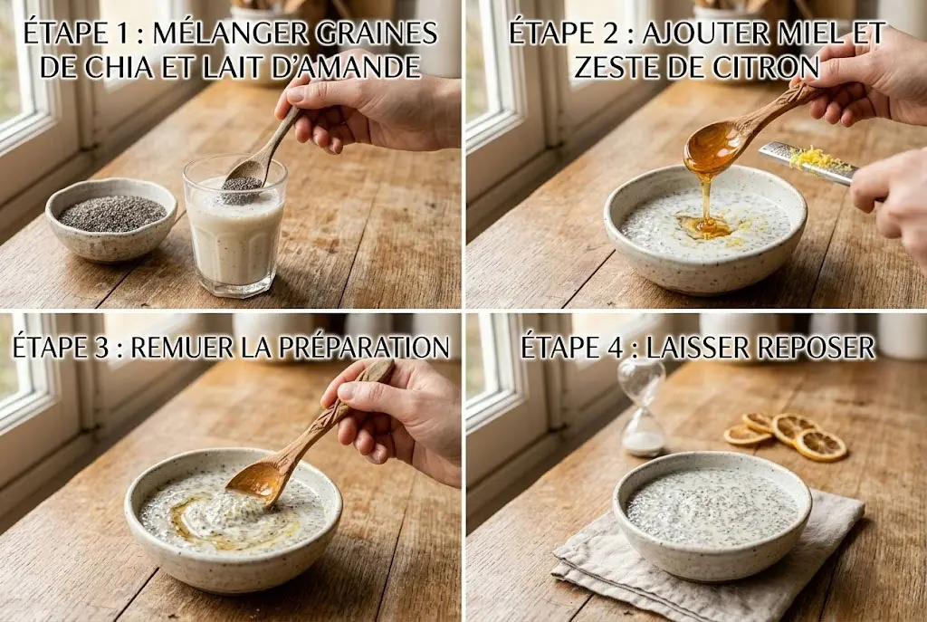etapes-preparation-creme-chia-citron Infographie culinaire en 4 étapes pour préparer une crème de chia au citron : mélanger, ajouter le zeste, remuer et laisser reposer.