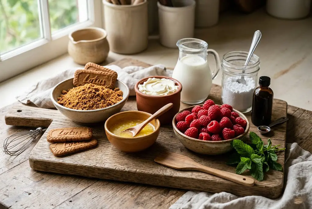 Ingrédients pour tarte sans cuisson framboises et spéculoos sur planche en bois