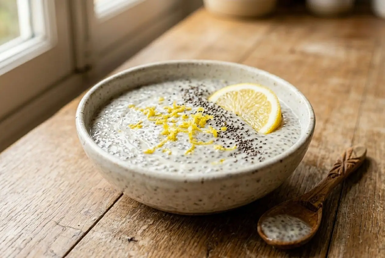 bol-creme-chia-citron-onctueuse Bol en céramique rempli de crème de chia au citron onctueuse garnie de zestes frais sur une table rustique.