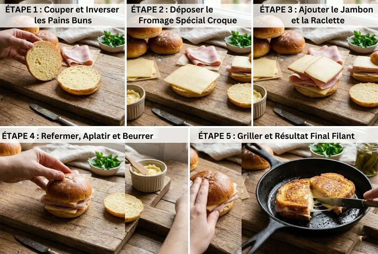 Infographie en 5 étapes pour préparer la recette des croques à la raclette avec pain hamburger.