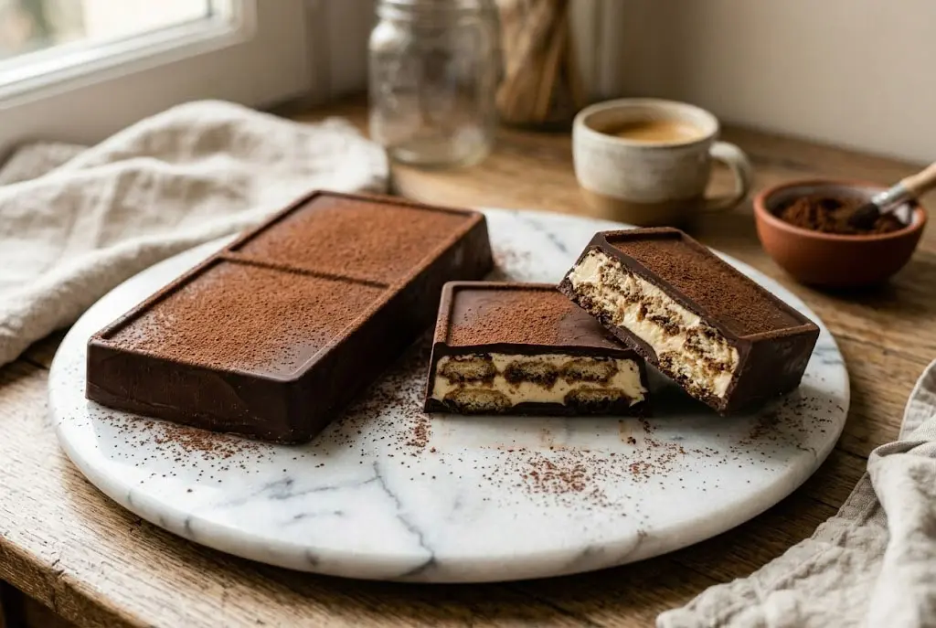 chocolat tiramisu coupée en deux révélant les couches de crème et de biscuit.