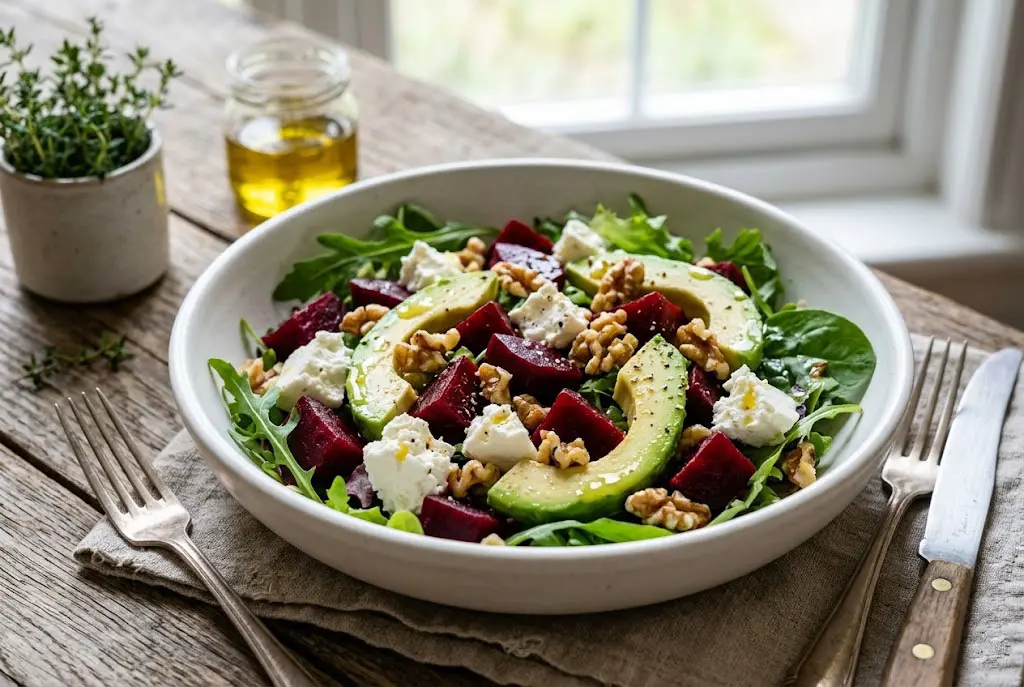 Salade betterave avocat feta fraîche avec noix et salade verte dans un bol blanc