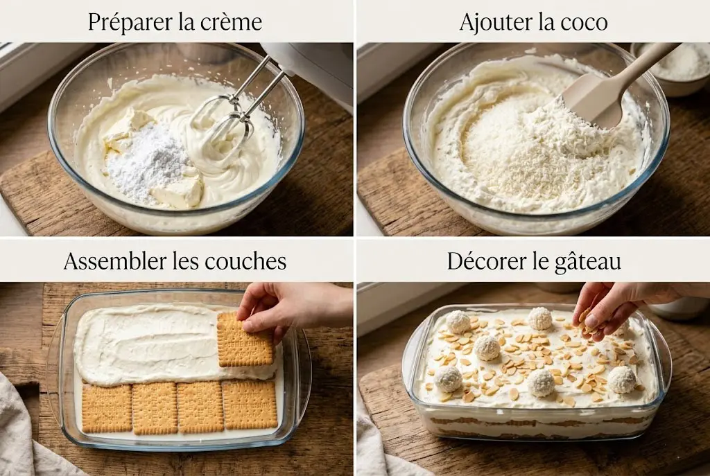 Grille de 4 photos montrant la préparation de la crème, l'ajout de la coco, le montage des biscuits et la décoration finale du gâteau.