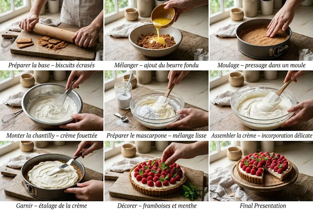 Étapes préparation tarte sans cuisson framboises spéculoos en images