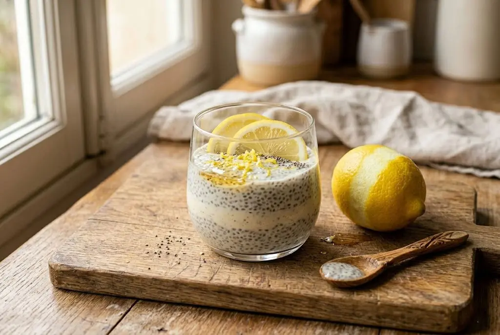 Bol en céramique rempli de crème de chia au citron onctueuse garnie de zestes frais sur une table rustique.
