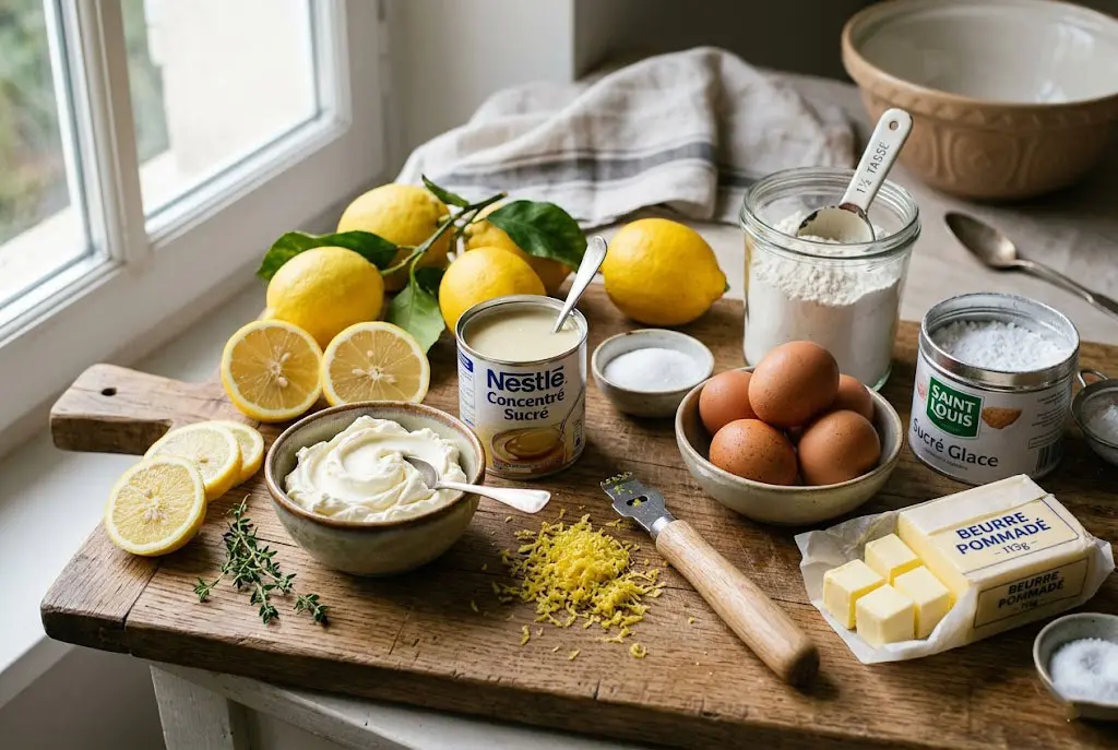 Ingrédients pour tarte au citron au mascarpone disposés sur une planche en bois avec citrons, œufs, mascarpone, farine, beurre et sucre.