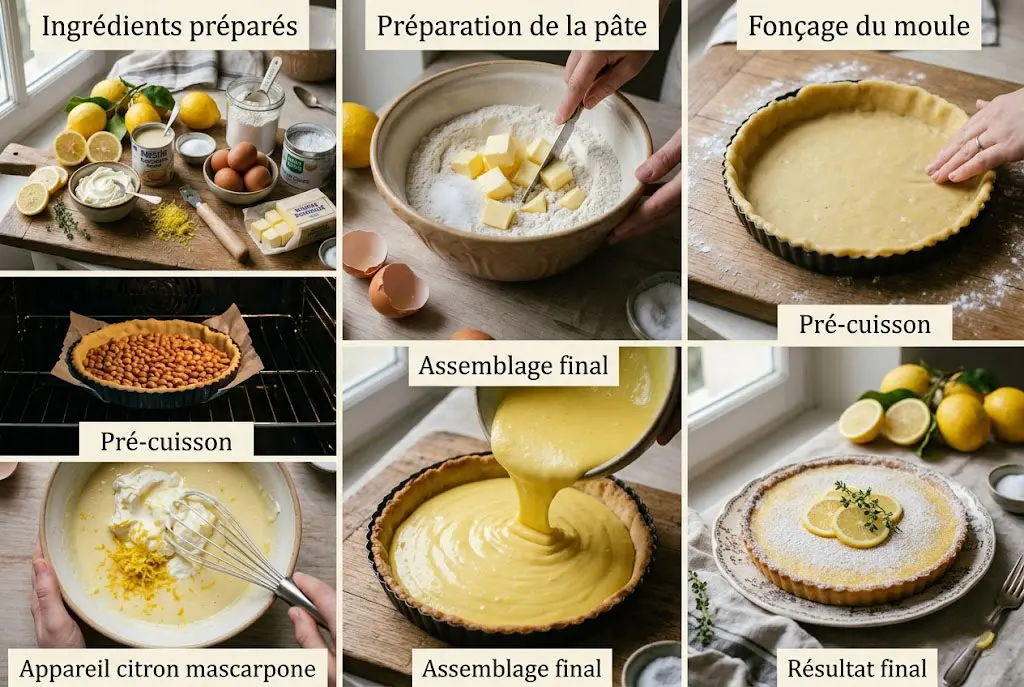 Préparation de la tarte au citron au mascarpone avec mélange de la crème citronnée et préparation de la pâte.