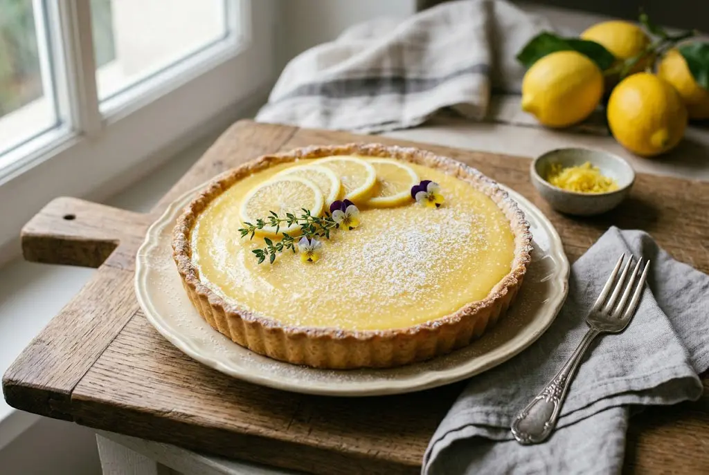 Tarte au citron au mascarpone crémeuse et dorée, décorée de sucre glace, présentée sur une assiette élégante.
