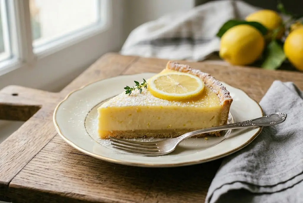 Tarte au citron au mascarpone crémeuse et dorée, décorée de sucre glace, présentée sur une assiette élégante.