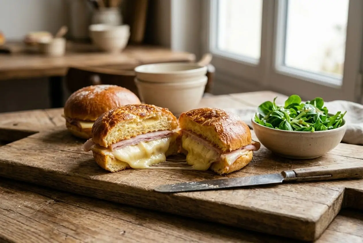 Croques à la raclette coupés en deux avec fromage coulant et salade de mâche en accompagnement.