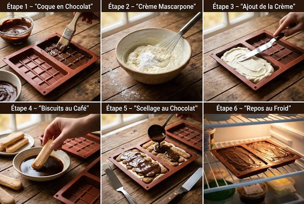 Collage 6 étapes de la préparation des tablettes de chocolat tiramisu dans un moule en silicone.